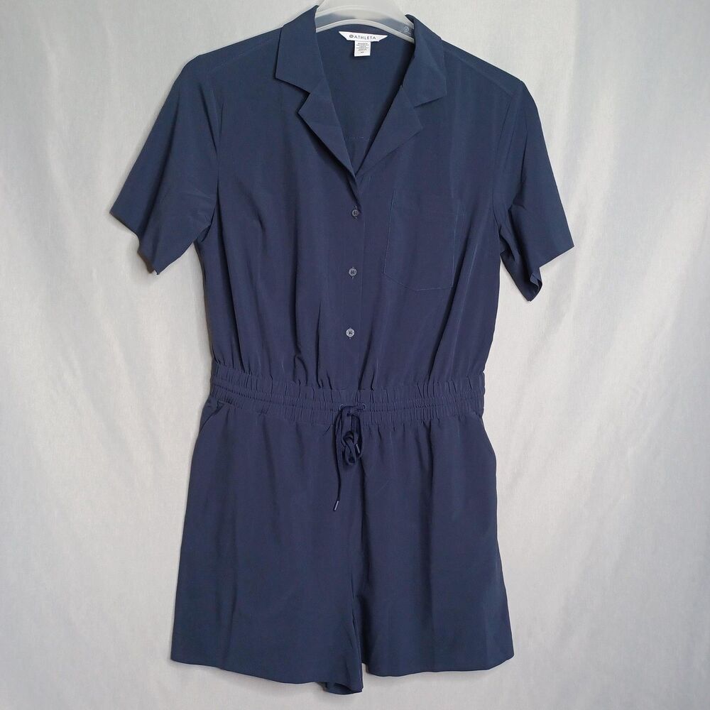 Athleta Romper Womens Medium Navy Short Sleeve Button Front Elastic Waist Travel